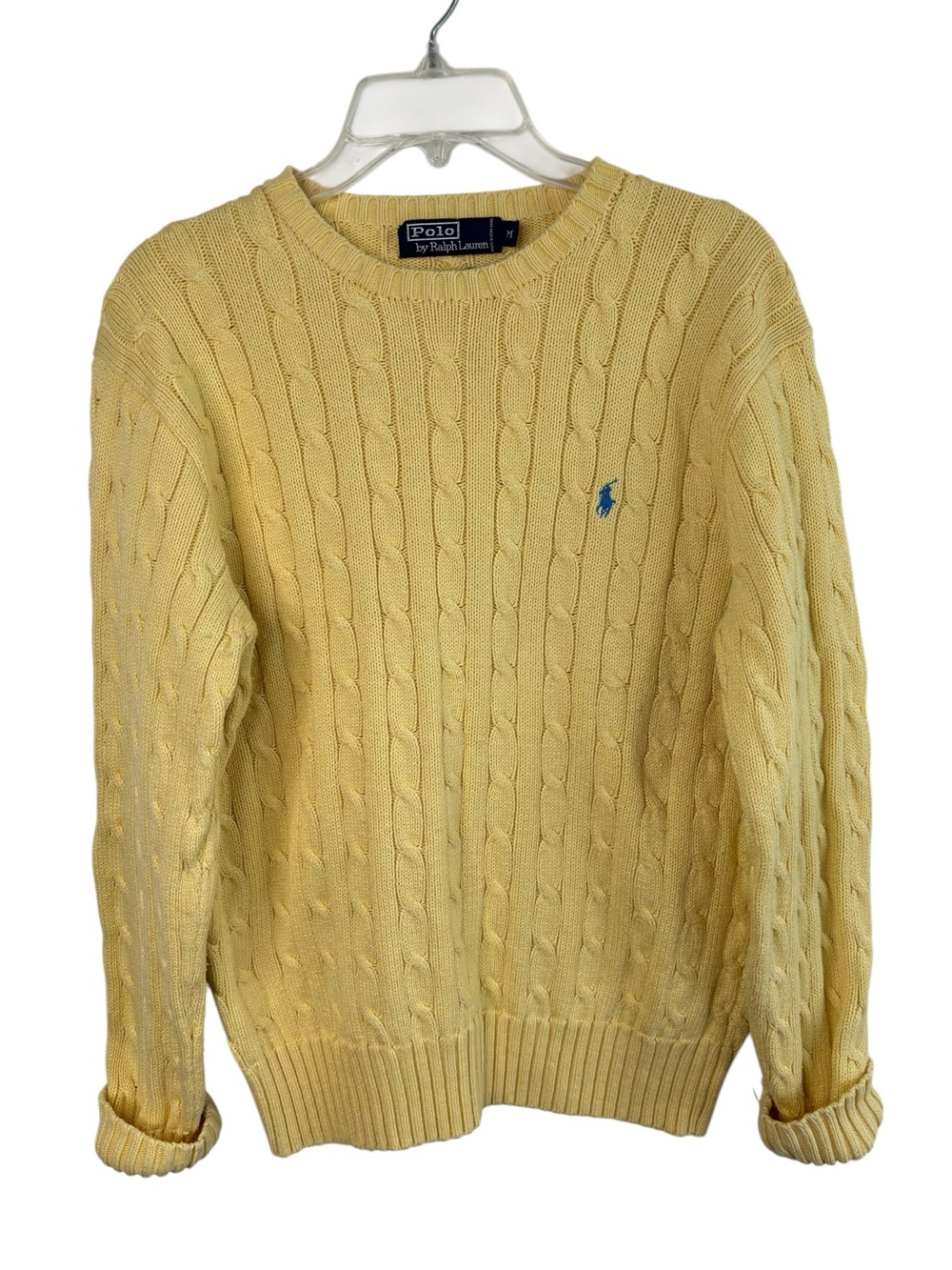 Polo Ralph Lauren Womens Yellow Cable Knit Sz Medium Blue Pony Logo 100% Cotton
